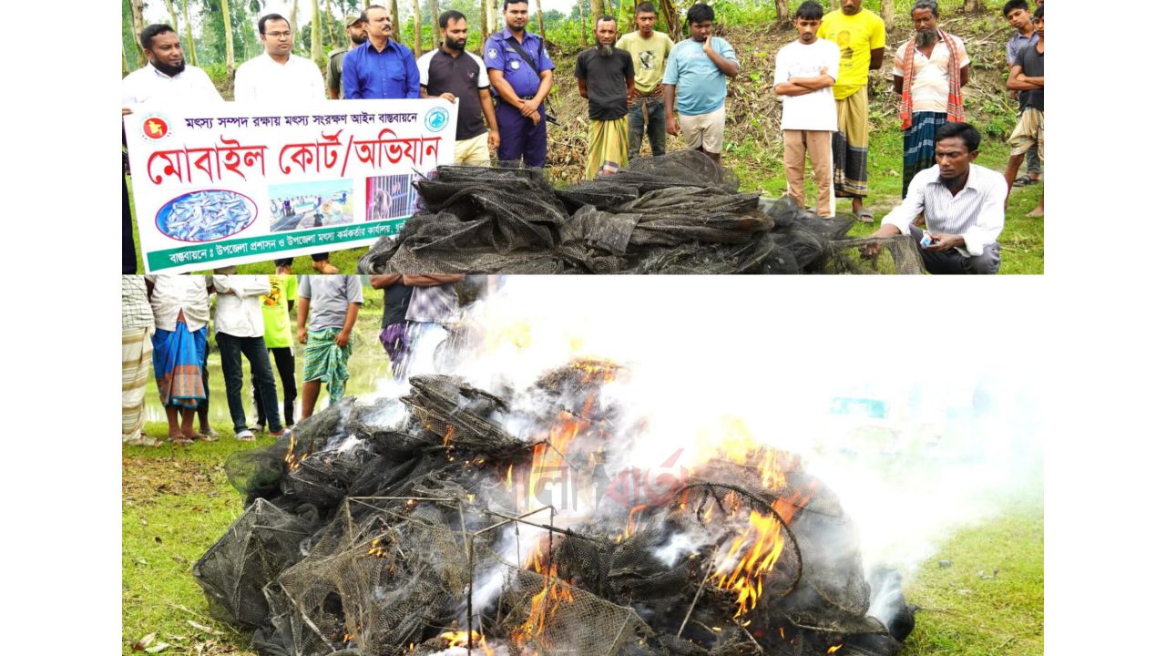 ধুনটে ইছামতি নদীতে অবৈধ জালের বিরুদ্ধে অভিযান, ২৩টি চায়না দুয়ারী জাল পুড়িয়ে বিনষ্ট